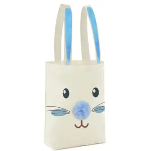 Easter Canvas Tote Bag for Kids Reusable Easter Bunny Bags Baskets for Easter Egg Hunt