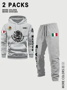 Mexican Style Set! 2 Piece Hoodie + Sweatpants, Flag Eagle Snake Totem Print, Multicolor Options, Casual Streetwear for Fall & Winter