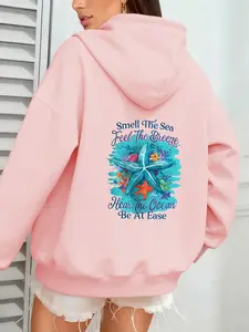 Ocean Breeze Starfish Hoodie, Casual Fitted Sweatshirt, Elegant Streetwear for Fall & Winter, Light Social Occasions