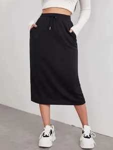 Women's French Knot Decorated A-Line Skirt, Pockets Elastic Waist Casual Everyday Solid Midi Skirt, Fitted Style for Casual Stretch Skirts