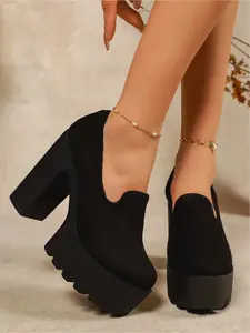 A Pair of Women's Fashion Large Size New Round Head Thick Bottom Chunky Heel High Heel Slip-on Outdoor Elegant Stylish Comfortable All-Match High Heel Pumps