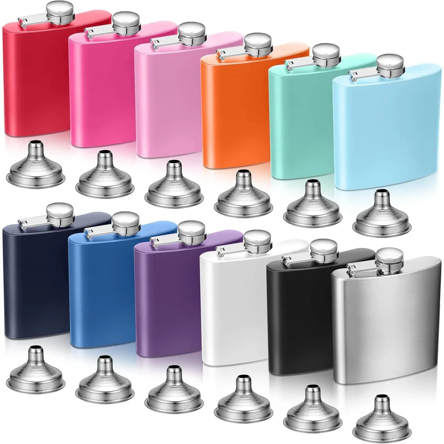 6 oz Colorful Stainless Steel Hip Flask Set (12 Flasks, 12 Funnels) - Leak Proof, Sealed Tightly Lid, Easy to Carry - Christmas, Baby Shower, Anniversary Gift for Men Women, Birthday