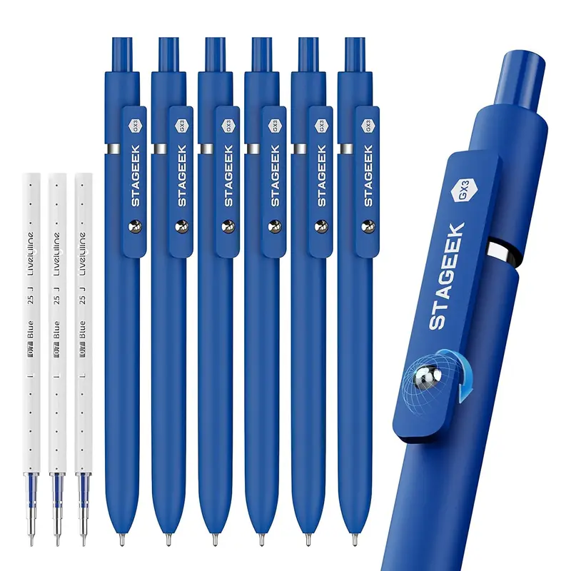 STAGEEK GX3 Blue Gel Pens, 6Pcs Quick Dry Smooth Writing Pen with 3 Refills Blue Ink Pens, 0.7mm Fine Point, Retractable, Office, School Supplies, Journaling & Note Taking, for Nurses, Teachers