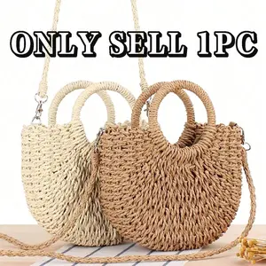Half-Moon Out Handbag,Simple Style Ins, Half-Circle Straw Bag, Beach Hand-Woven Bag,Fashionable Beach Vacation Straw Woven Bag,Holiday Women's Bag,Vacation Bag For Summer, Perfect For Beach Vacation, Travel, Shopping, And Vacation Essentials