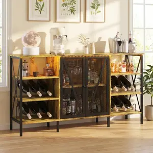 GAOMON Rustic Wine Bar Cabinet with Wine Rack & Glass Holder, Coffee Bar with Adjustable Led Light, Metal Sideboard & Liquor Table Cabinet with Mesh Door for Home Bar, 55.2", Farmhouse Brown