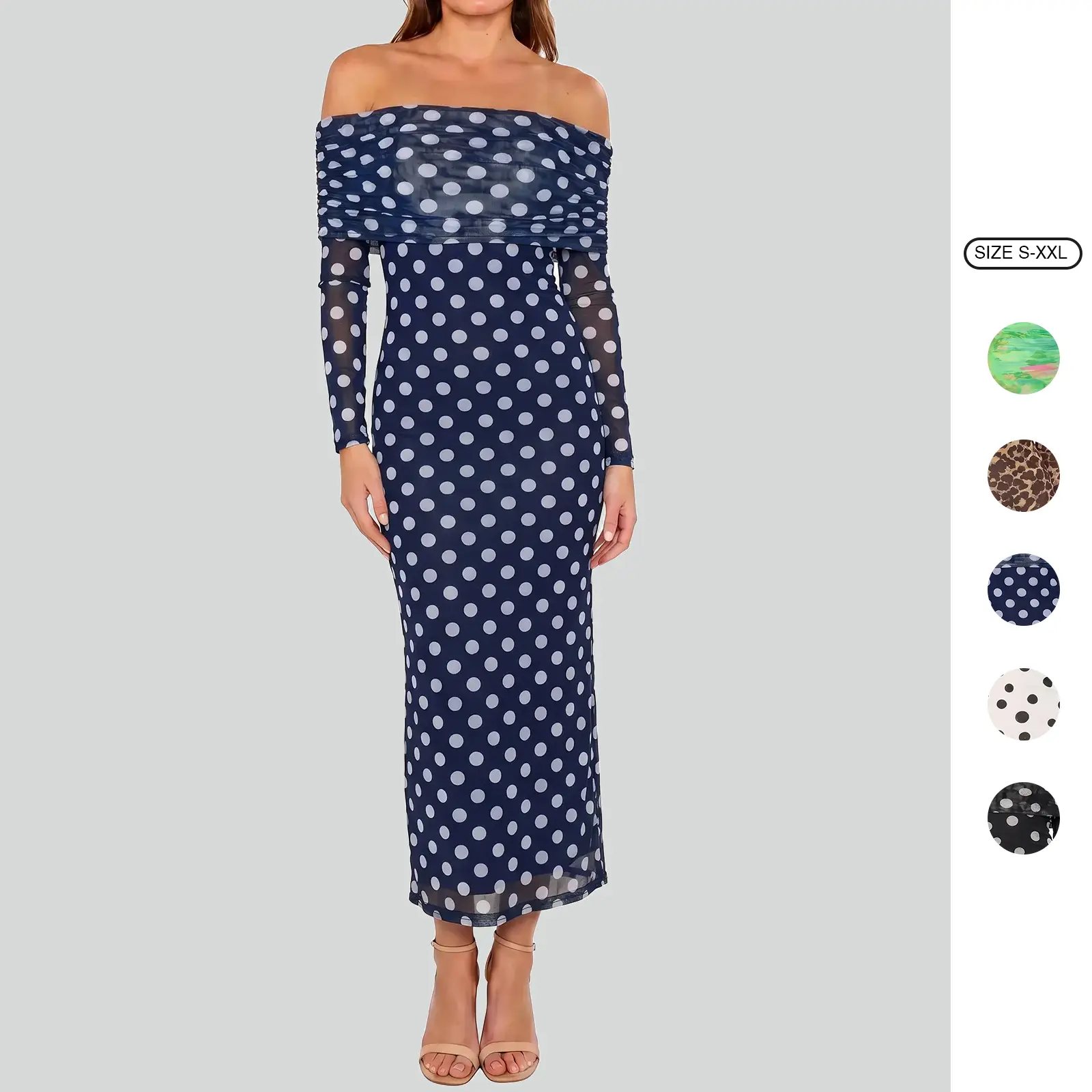 Imily Bela Women's Off Shoulder Long Sleeve Mesh Midi Dress, Navy White Polka Dot Ruched Bodycon Maxi Dress Elegant Party Night Out Clubwear