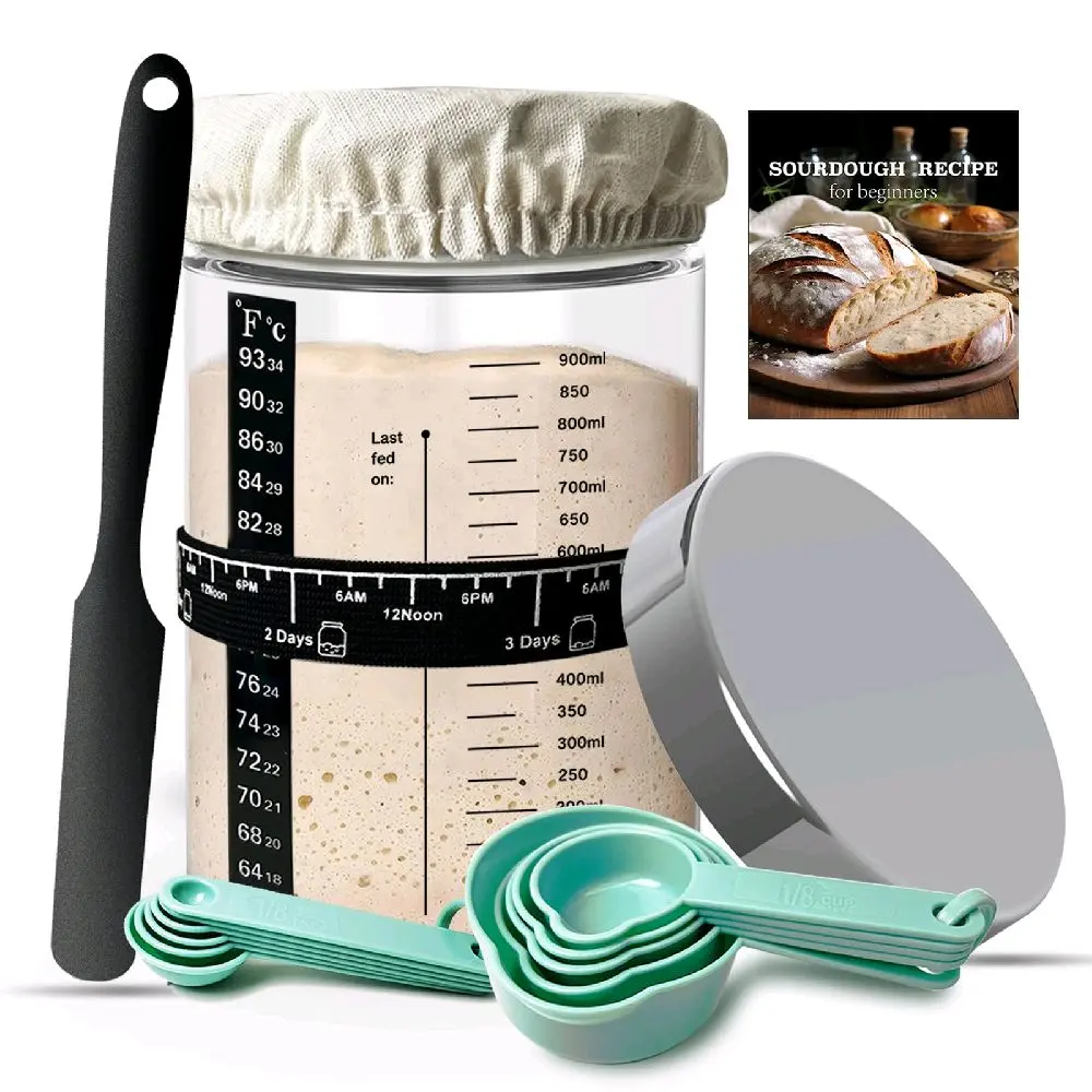 Kmiyivi 35oz Wide Mouth Glass Sourdough Starter Jar with Lid, Recipe Cover & Spoon - Kitchen Utensils, Refrigerator Herb Saver for Adults, Ideal Beginners' Tool, Father’s Day Gift Option
