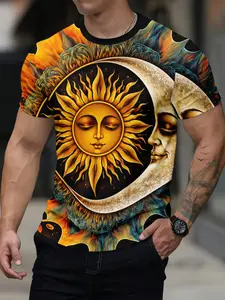 Sun & Moon Face Celestial Graphic Print Fitted T-Shirt - Mystic Boho Streetwear Tee