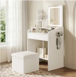 Makeup Vanity Set with Stool, Lighted Mirror, Vanity Desk with 7 Shelves, Large Drawer, Power Outlet & Hairdryer Holder, Vanity Dressing Table Perfect gift for Bedroom - White