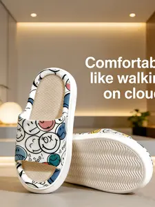 Colorful Cartoon Smile Slippers, Breathable Waffle Hemp, Fun Thick Sole, Street Style, Nonwoven Fabric, PVC Sole, Less Than Ankle Height