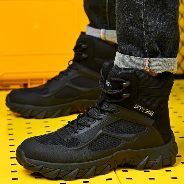 NIEION Men's High Top Steel Toe Safety Boots with Magnetic Closure & Anti-Slip Sole Waterproof Slip-Resistant Black Work Shoes for Outdoor Labor