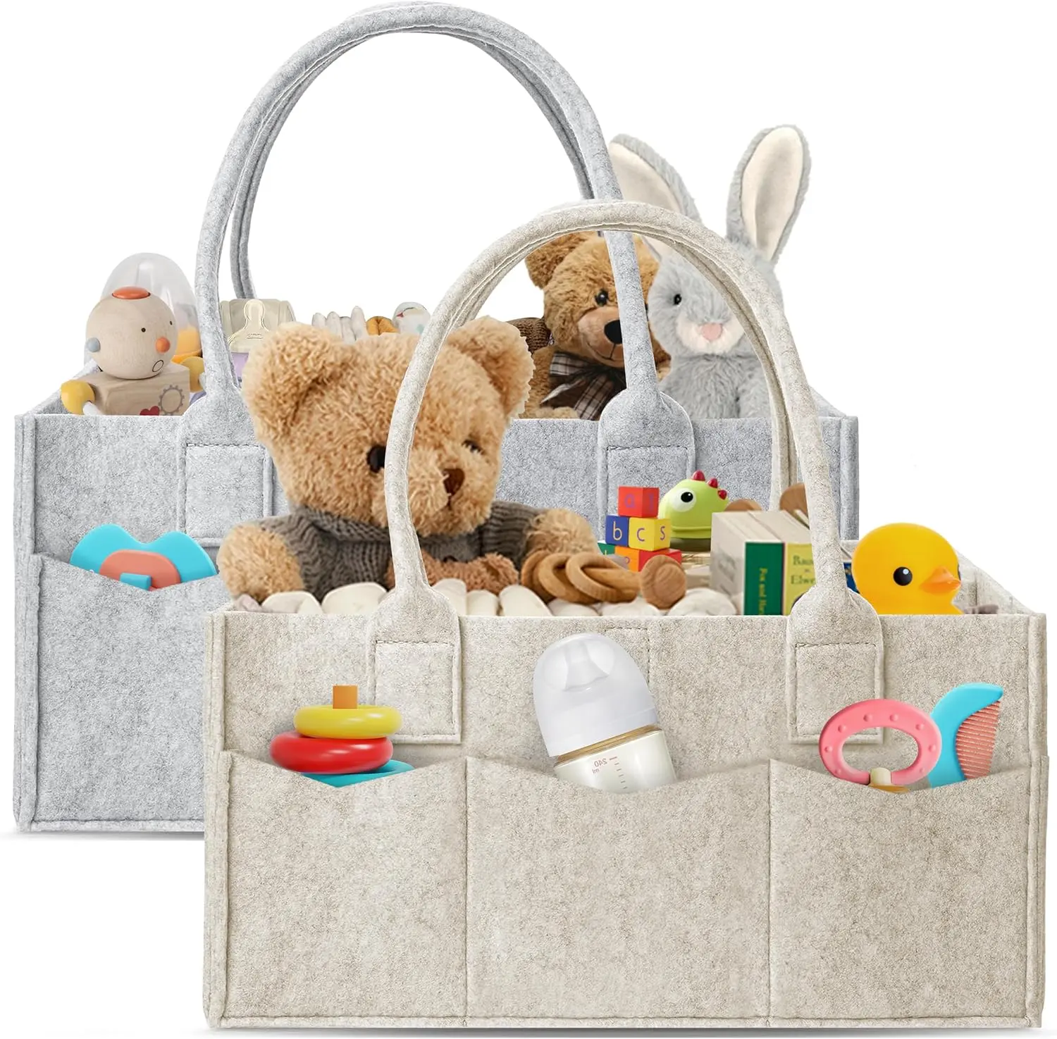 2-Pack Diaper  Organizer -  Storage Bin &  Organizer for Diapers, Wipes, and  Essentials - Dual-Color Solid Set (Grey/Oatmeal), Regular Size