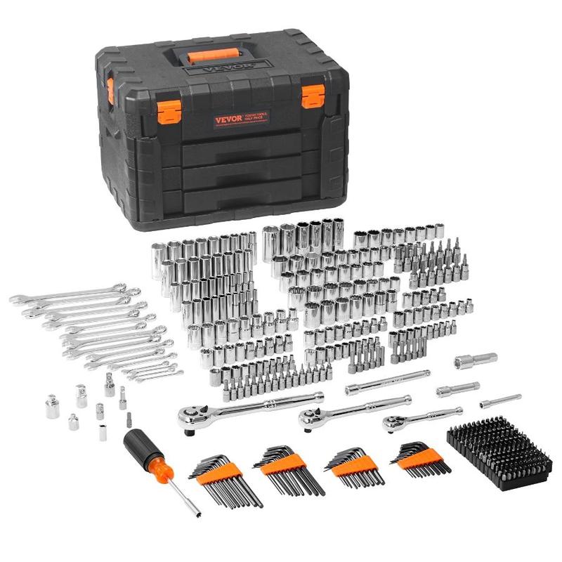 VEVOR Mechanics Tool Set and Socket Set, 1/4 3/8 1/2 Drive Deep and Standard Sockets, 205 Pcs SAE and Metric Mechanic Tool Kit with Bits, Combination Wrench, Hex Wrenches, Accessories, Storage CaseHoliday gifts