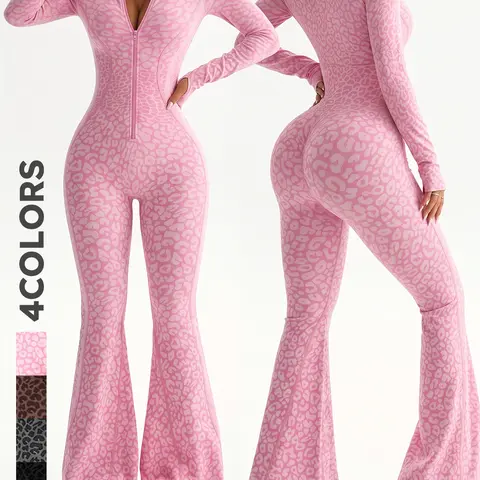Women's Leopard Print Yoga Jumpsuit – Slim Fit Zip-Up Flared Workout Bodysuit for Gym, Fitness & Activewear