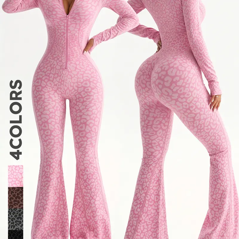 Women's Leopard Print Yoga Jumpsuit – Slim Fit Zip-Up Flared Workout Bodysuit for Gym, Fitness & Activewear