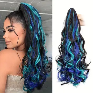 Synthetic Colorful Ponytail with Clip, Featuring Long Curly Wavy Hairstyle, Perfect for Women's Daily Use or Party Occasions