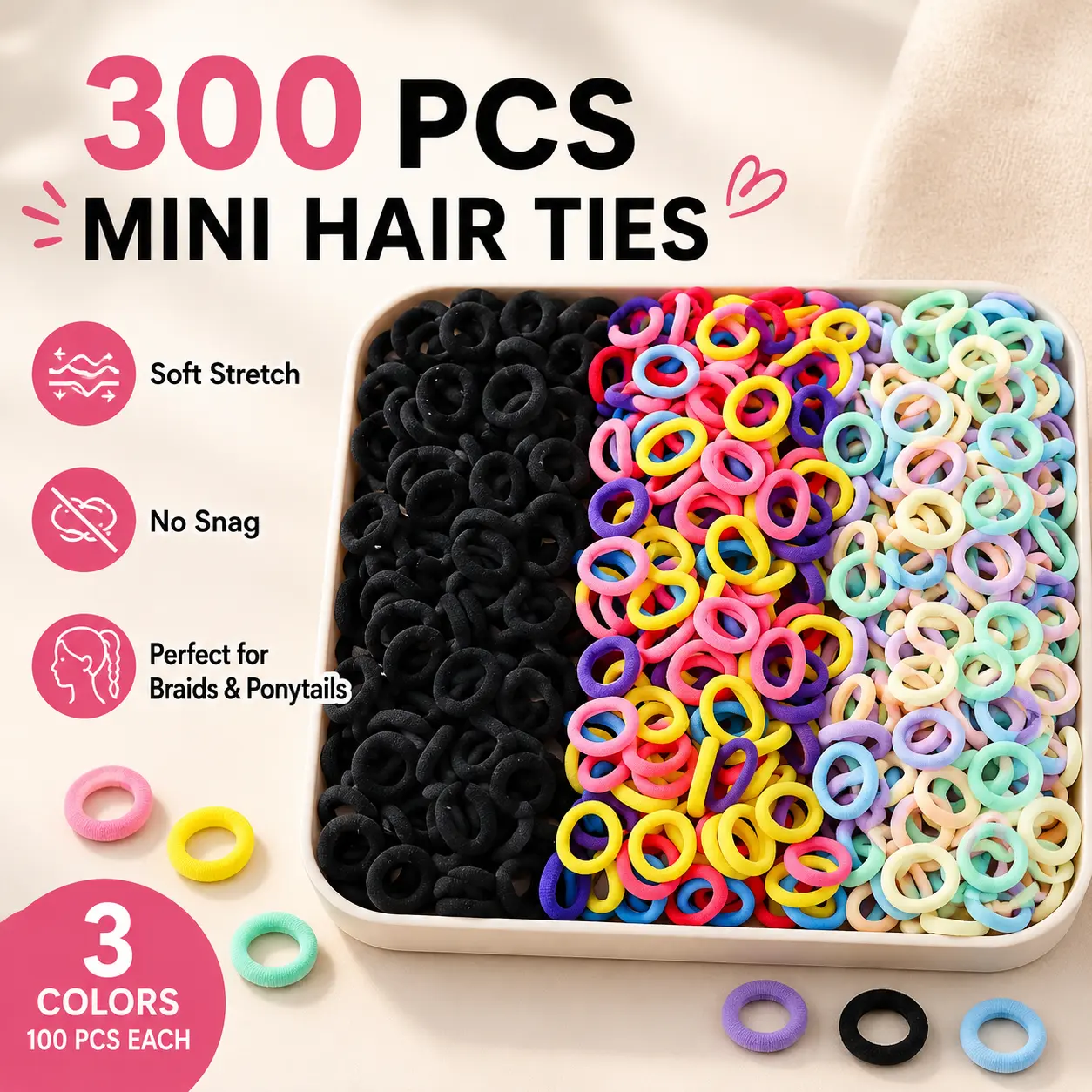 300-Piece Mini Hair Ties for Girls - Cute Soft Stretch Elastics in Assorted Colors, No-Snag Accessories for Daily Wear, Colorful Hair Accessories, Ponytail Accessories