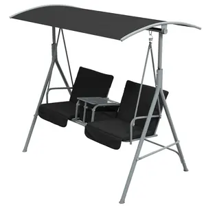 Black 2 Seater Outdoor Porch Swing With Tiltable Canopy Built In Table And Individual Cup Holders Soft Cushioned Seat And Backrest 400Lbs Load Capacity For Garden Poolside Backyard Lawn Use