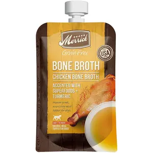 Merrick Grain Free Bone Broth, Premium Human Grade And Gluten Free Dog And Cat Food Topper Pouches, Chicken - 7 oz. Pouch