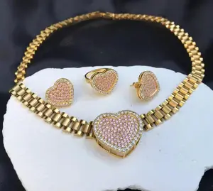 Custom Trendy Stainless Steel Nugget Rollie Chain Diamond CZ Heart Frame Pendant