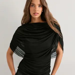 Elegant One-Shoulder Blouse with Sheer Mesh Shawl Sleeves, Ruched Body Design, Smooth Fabric, Simple, Women's Fashion Top, Shirts
