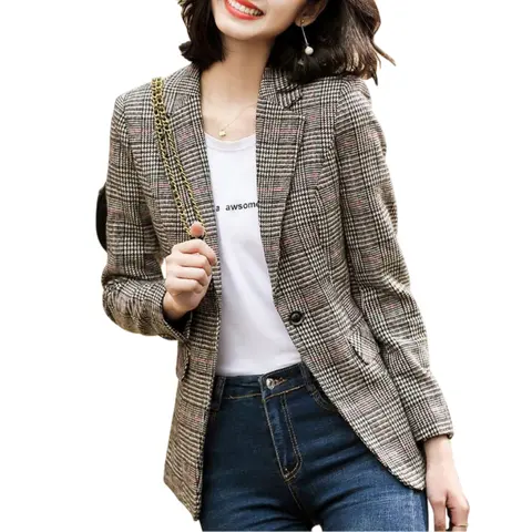 Ebossy Women's Houndstooth Plaid Blazer Jacket Notch Lapel Boyfriend Suit Casual Long Sleeve Fitted Outerwear with Flap Pockets Machine Washable Womenswear
