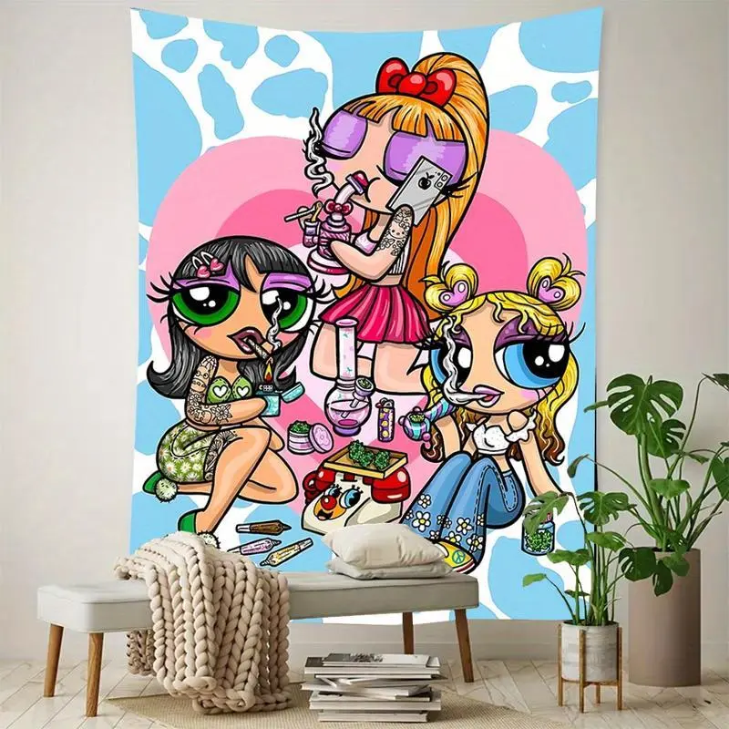 Trendy Bright Synthetic Polyester Tapestry - Strong Cartoon Woman Smoking Design Wall Hanging, Hand Washable, Multiple Sizes, Ideal for Indoor Bedroom, Home Office Decor, Single-Sided