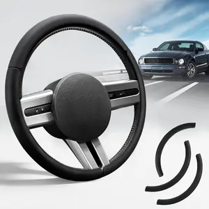 Steering Wheel Cover for Ford Mustang 2005-2023 3 Piece Leather Car Steering Wheel Accessories (Black)