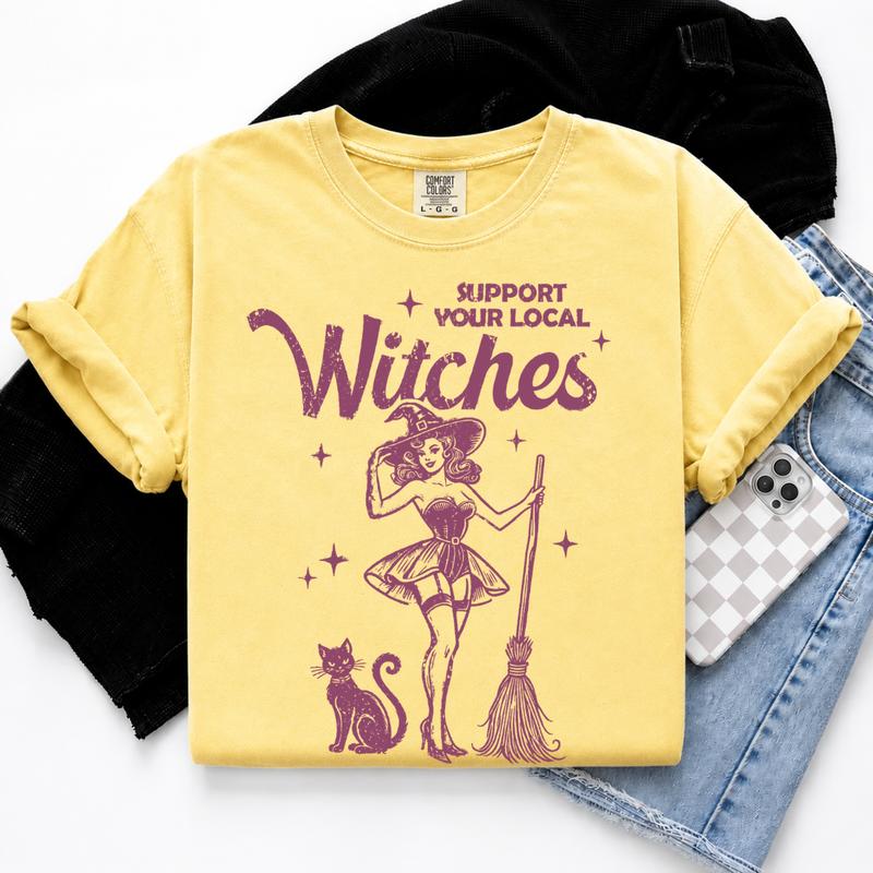 Comfort Colors Support Your Local Witches T-Shirt, Funny Halloween Graphic Tee, Retro Witch Shirt, Spooky Party Gift for Women