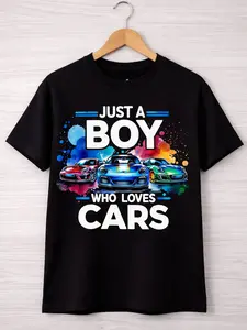 Boys' 100% Cotton T-Shirt, Just a Boy Who Loves Cars Print, Crew Neck, Machine Washable