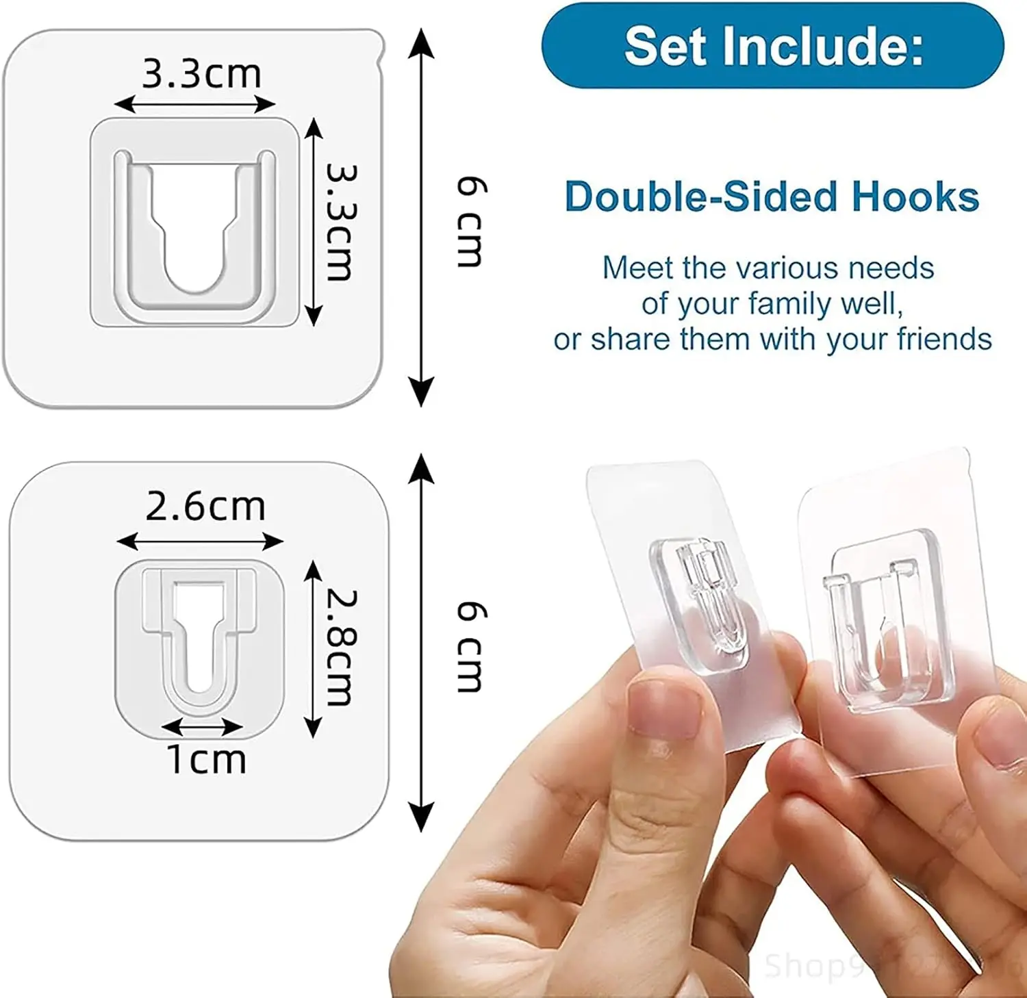 4/8/16 Double-Sided Adhesive Wall Hooks (Transparent), self-adhesive hooks featuring a strong A+B hook-and-loop fastener combination, suitable for mark-free hanging in bathrooms, kitchens, and offices