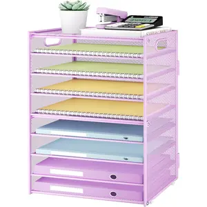 9 Tier Paper Letter Tray Desk Organizer with Handles - Purple Metal Mesh File Holder Paper Sorter Desk Organizer for Office  School, Include 6 count Adjustable Slid Tray, 6 Colors