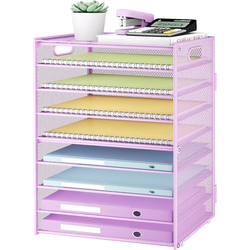 9 Tier Paper Letter Tray Desk Organizer with Handles - Purple Metal Mesh File Holder Paper Sorter Desk Organizer for Office  School, Include 6 count Adjustable Slid Tray, 6 Colors