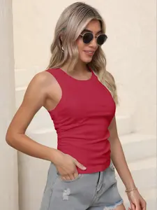 Women's Casual Breathable Comfortable Sleeveless Vest, Side Elastic Band Design, Fitted Knit Fabric for All Seasons, Lady