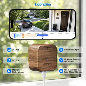 Koohome 3K Window Security Camera, Walnut Wood Design & Magnetic Mount, Full-Color Night Vision, Free Cloud Storage, SD Card Slot, Dual-Band WiFi, Motion & Person Detection, 24/7 Recording, Easy Setup for Home & Apartment