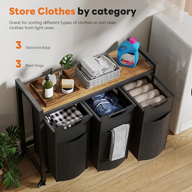 Large Capacity Swivel Wheel Classification Dirty Clothes Basket | Metal, Classic Style, Three Compartment, With Lid, Movable, Rectangular Shape, Bathroom Storage Basket by OLIXIS, Laundry Baskets