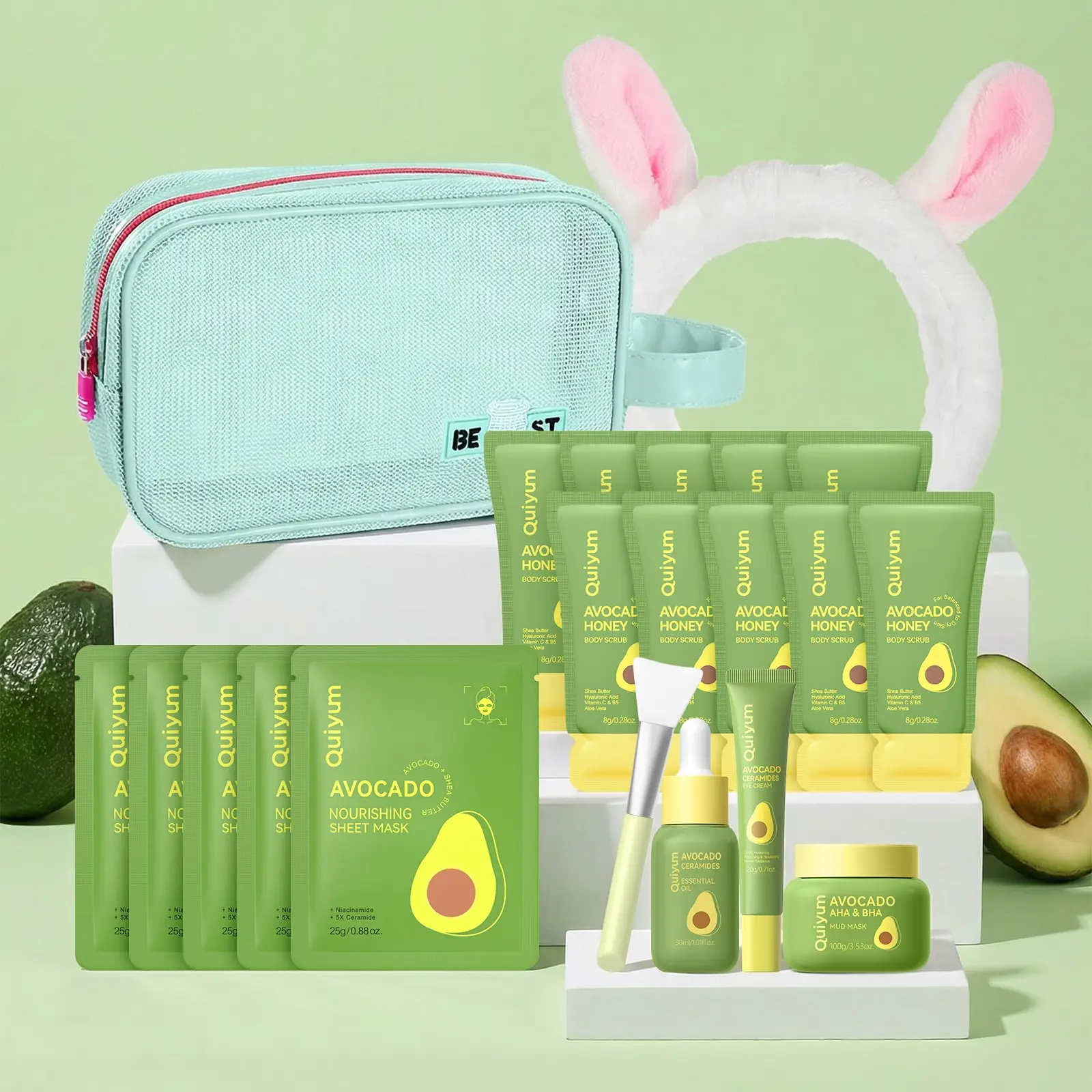QUIYUM Complete Avocado Skincare Kit | Mud Mask, Eye Cream, Body Scrub, Sheet Mask, Essential Oil & Moisturizer, Deep Cleansing, Hydrating, Moisturizing, Soothing & Nourishing, Perfect Daily Beauty Routine for Soft Glowing Skin