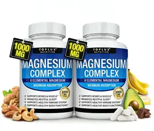 Toplux Nutrition Magnesium Complex 1000mg | 90 Capsules Easy Absorption 8 Elemental Sources for Bone MuscleSleep Immune Support Malate Taurate Chelated for Men Women