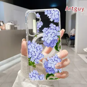 Magnetic Phone Case for Samsung Galaxy S26 Edge S23 Ultra S24 Plus FE S25 S22+ Lavender Hydrangea Dream Pattern Non-Yellowing Shockproof Soft Silicone Transparent Acrylic Large Hole Cover Supports Wireless Charging