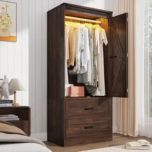 72.8''H Armoire Wardrobe Closet with Sensor Light and 2 Drawer, Farmhouse Bedroom Armoire Cabinet with Hanging Rod, Wooden Wardrobe Cabinet with folding sliding barn door for Bedroom (Brown/White)