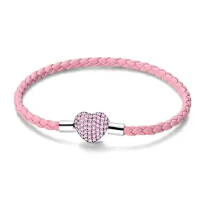 MULA Pink Leather Bracelet with Sparkling Heart Clasp - Silver Plated and Cubic Zirconia Beaded Bracelet Base Compatible with Pandora Beads, Ideal Gift for Women, Girlfriend Anniversary
