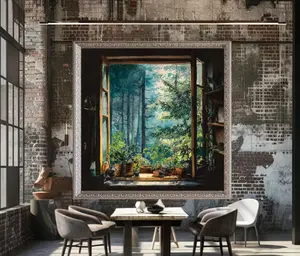 Sunlit Forest View Through Open Window Canvas, Botanical Indoor Plants, Nature Wall Art, Tranquil Woodland Scene, Home Decor Canvas Print