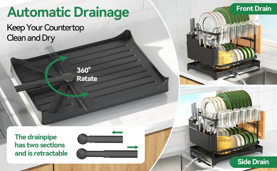 Bepatio 2-Tier Carbon Steel Dish Drying Rack with Drain Tray  Stable Anti-Slip Kitchen Counter Organizer for Plates Bowls
