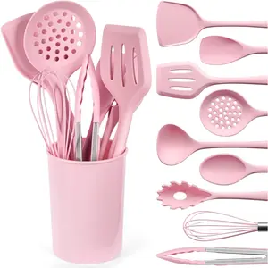 Pink Cooking Utensils Set 10PCS Silicone Kitchen Tools Heat Resistant for Nonstick Cookware Home Gift with Whisk and Spoon