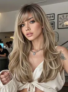 22 Inch Oval Long Wavy, Heat Resistant, Medium Length, Suitable for Daily Wear, Synthetic Material Wigs, Women's Hairstyle