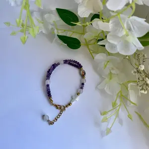 Amethyst & Jade Stone Rosary Bracelet with MOP Shell Cross & Jesus Christ Sacred Heart Charm
