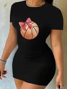 Women's Basketball & Bow Print Round Neck Tee Dress, Casual Short Sleeve Crew Neck Short Dress for Summer, Fashion Women's Dress for Daily Wear