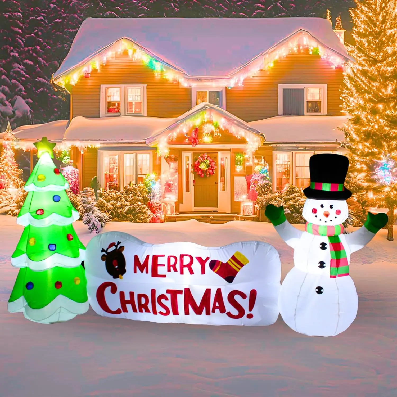 10FT Inflatable Snowman with Tree and Sign Outdoor Decoration, Christmas Blow Up Yard Decorations, Built-in LED Lights Inflatables Xmas Holiday Funny Decor for Indoor Lawn Garden