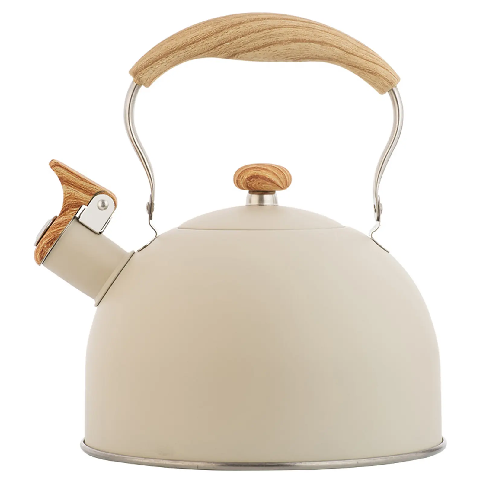 2.5L Insulated Stainless Steel Metal Tea Kettle, Wooden-Designed Folding Handle, Whistle, Induction-Compatible Kitchen Jug for Tea, Coffee (Beige)