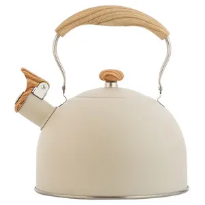2.5L Insulated Stainless Steel Metal Tea Kettle, Wooden-Designed Folding Handle, Whistle, Induction-Compatible Kitchen Jug for Tea, Coffee (Beige)